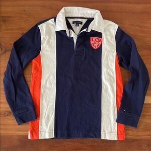 Tommy Hilfiger boys preppy polo long sleeve rugby shirt blue red white kids 8-10